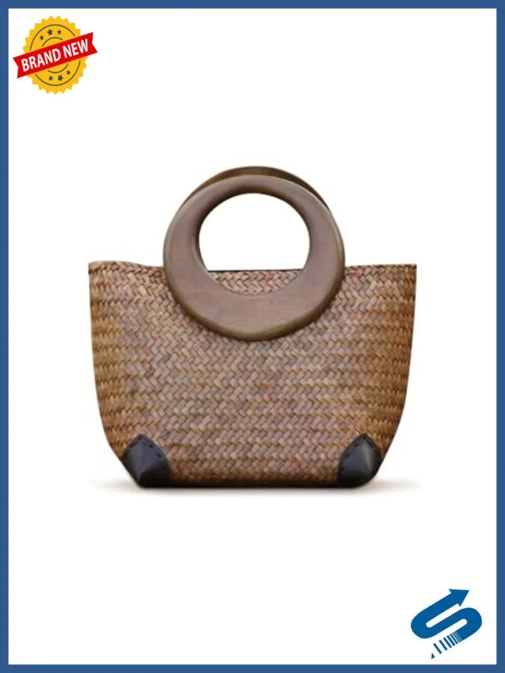 Handwoven Rattan Straw Tote Bag with Wood Handle Summer Beach Travel Bag